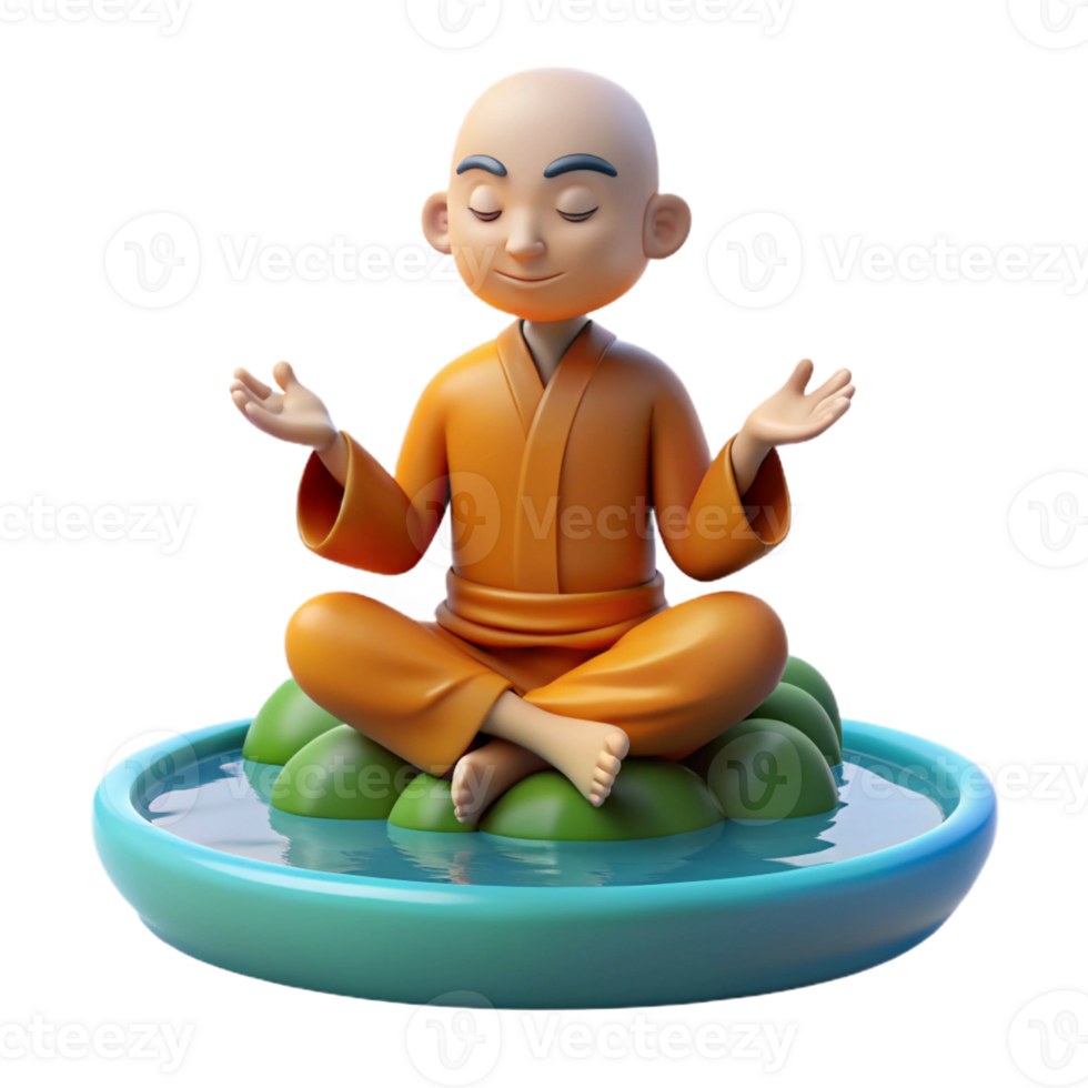 dramatic modern A serene meditating monk levitates above a tranquil pond. Soft, morning light. Zen style 4K png