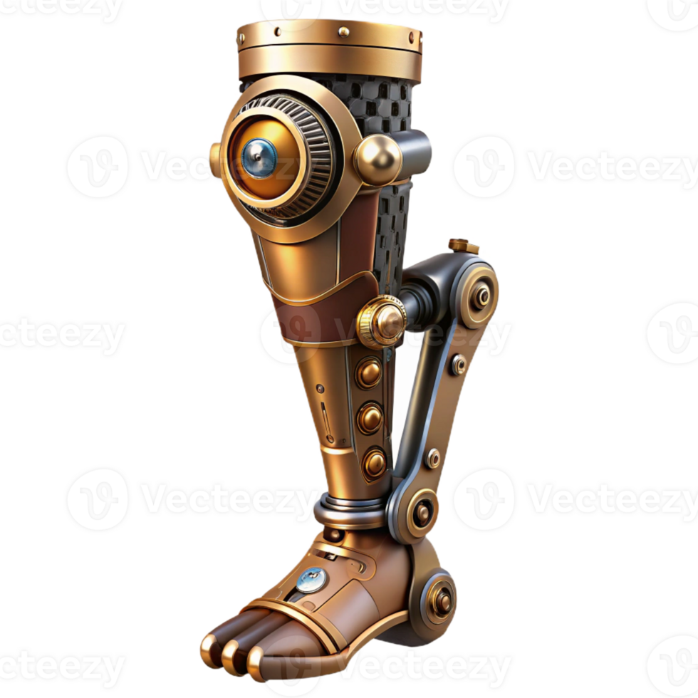 wonderful artistic A steampunk prosthetic leg, intricate clockwork and pistons, polished steel and brass, lit by a warm, ambient light, highly detailed, realistic exclusive png