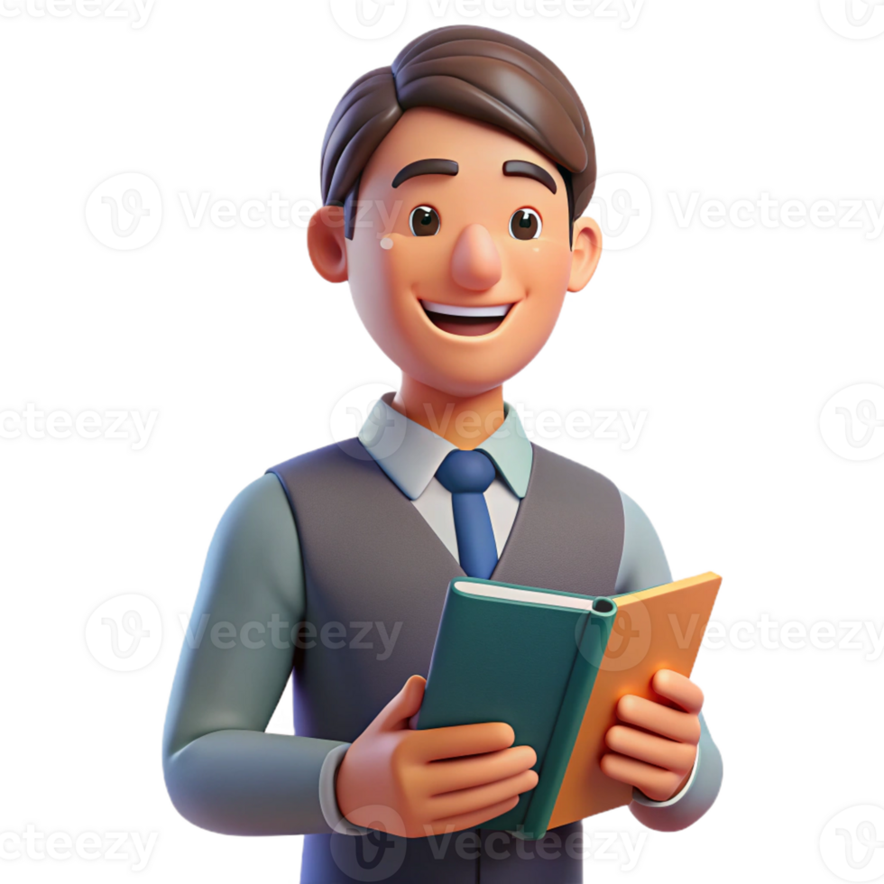 serene contemporary Portrait of a teacher with a kind smile, holding a book, lit by the warm light of a classroom, in a classic portrait style genuine png
