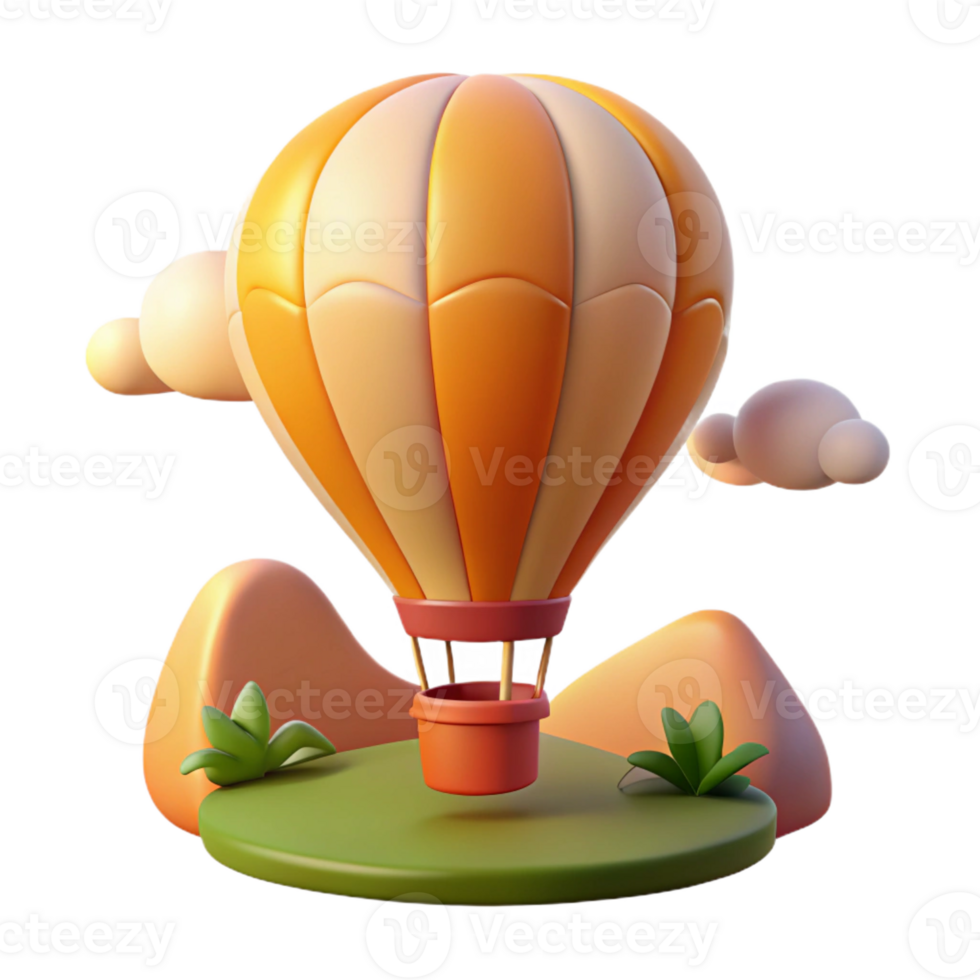 extraordinary artistic A cartoon hot air balloon floating above a picturesque landscape, the warm glow of a sunset illuminating the scene, drawn in a peaceful and serene cartoon style high resolution png