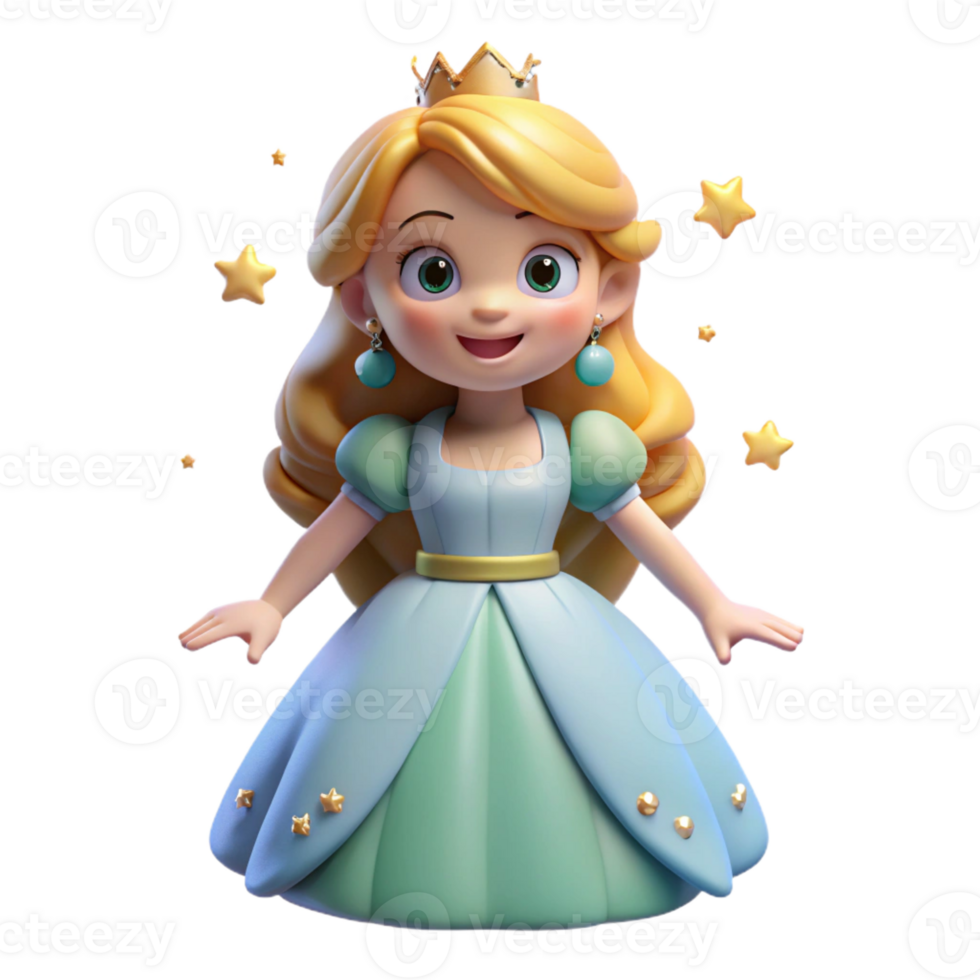 vibrant traditional A cartoon princess with flowing hair, wearing a sparkling tiara, soft romantic lighting illuminating her elegant pose, drawn in a delicate and graceful cartoon style high quality png