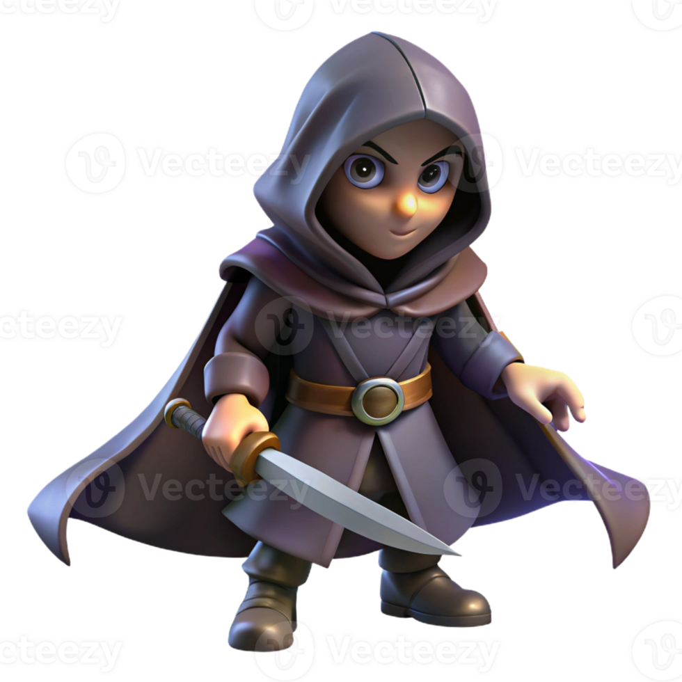 stunning creative A cunning rogue with a hooded cloak and a gleaming dagger, sneaking through the shadows. Dark fantasy style, low-key lighting high quality png