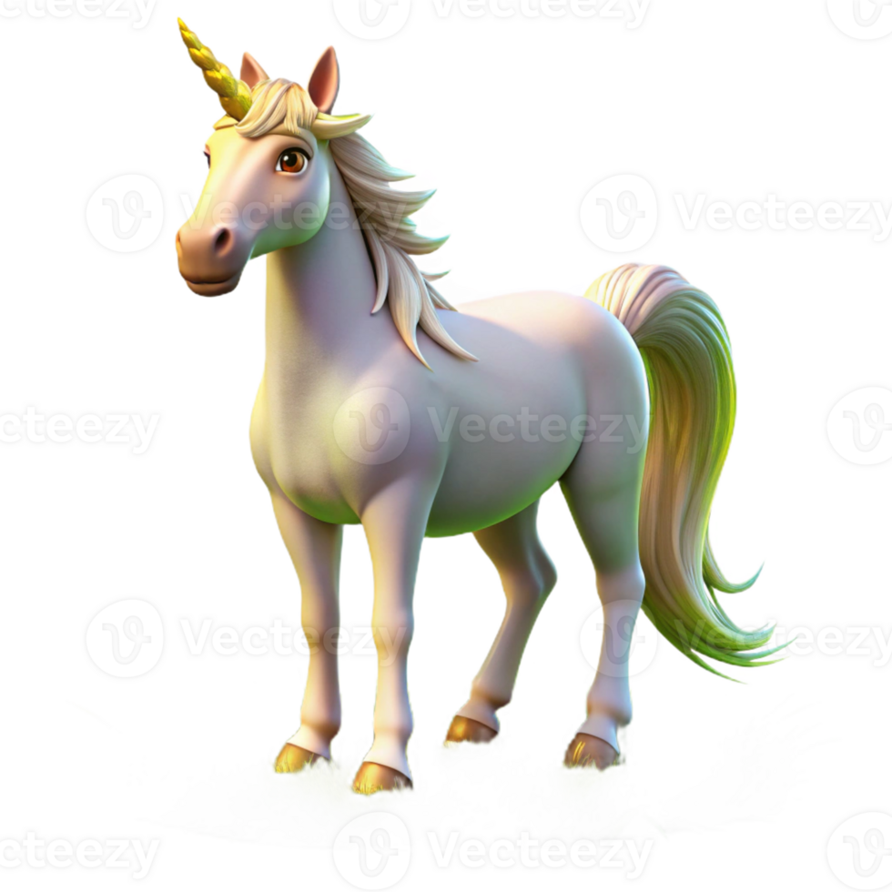 magnificent modern A majestic unicorn with a shimmering white coat and a golden horn, grazing in a peaceful meadow, illuminated by the warm sunlight. Fantasy art style premium png
