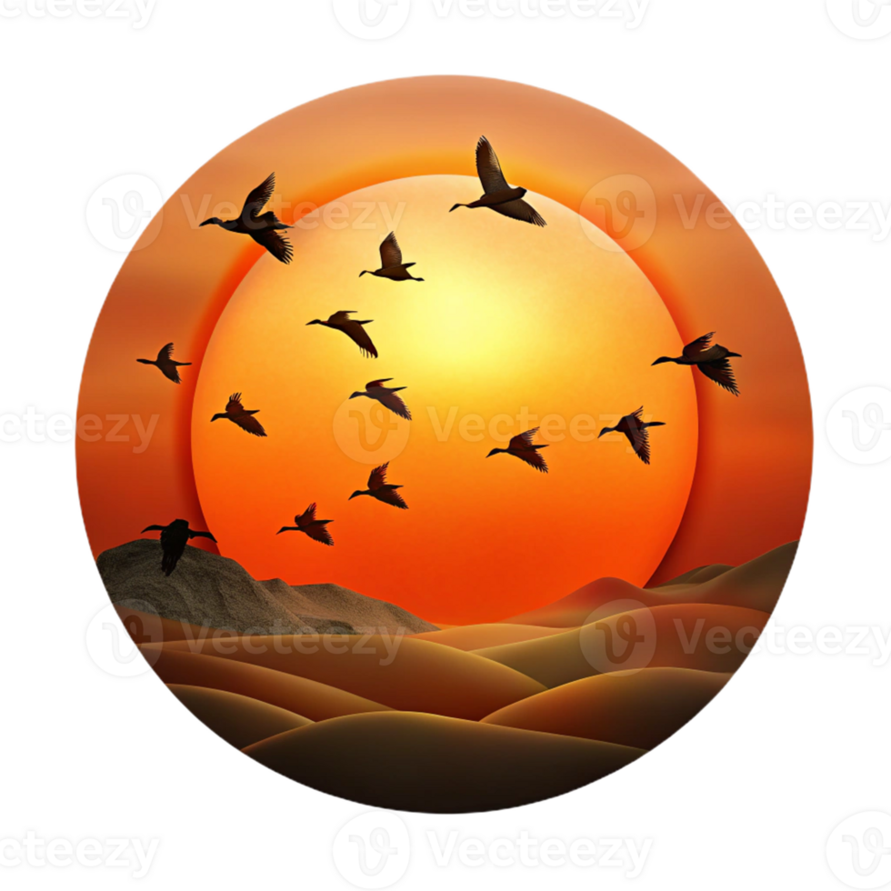 serene abstract A flock of migratory birds silhouetted against a fiery sunset, dramatic lighting, minimalist art style high resolution png