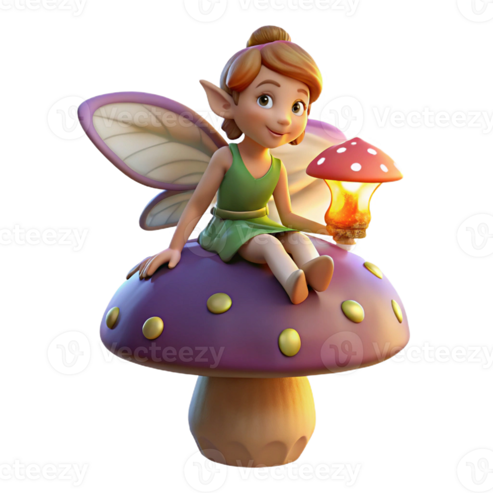vibrant modern A mischievous pixie with iridescent wings, perched on a giant, glowing mushroom, holding a tiny lantern. Warm, whimsical lighting. Children's book illustration style genuine png