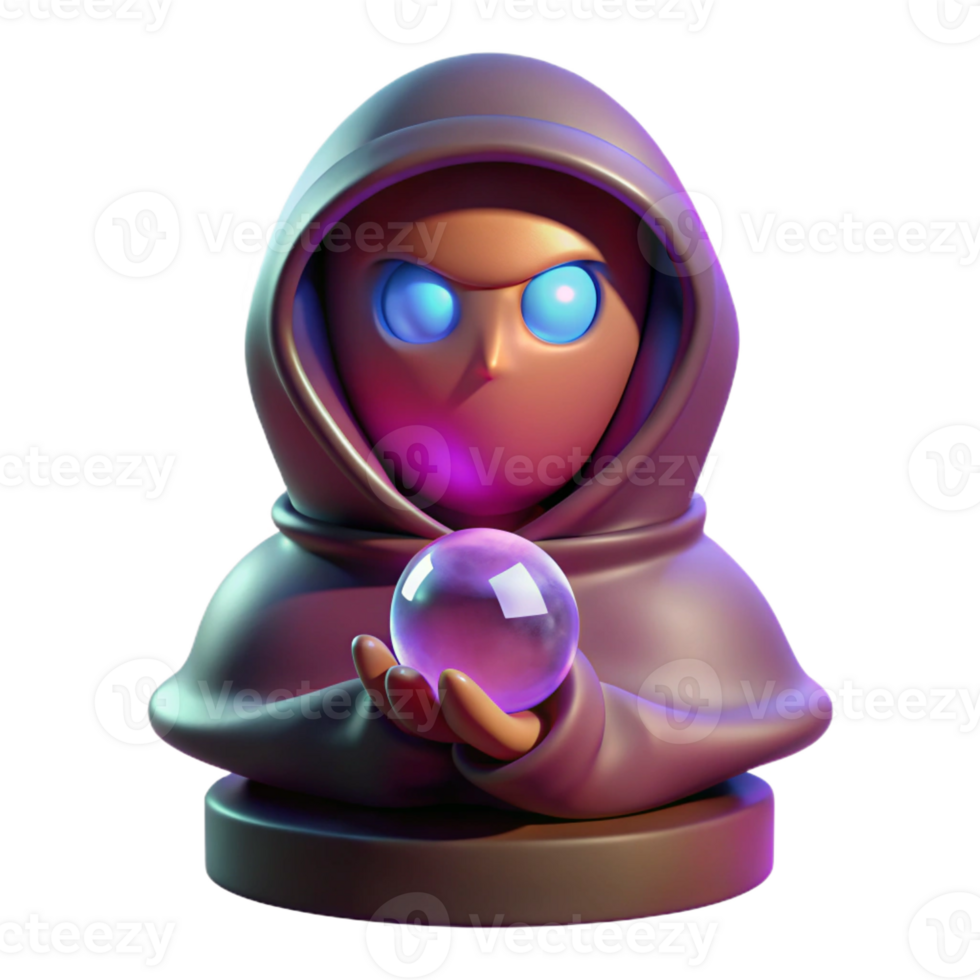 extraordinary artistic A mysterious oracle with hooded robes and glowing eyes, gazing into a crystal ball. Soft, ethereal lighting. Surrealist style original png