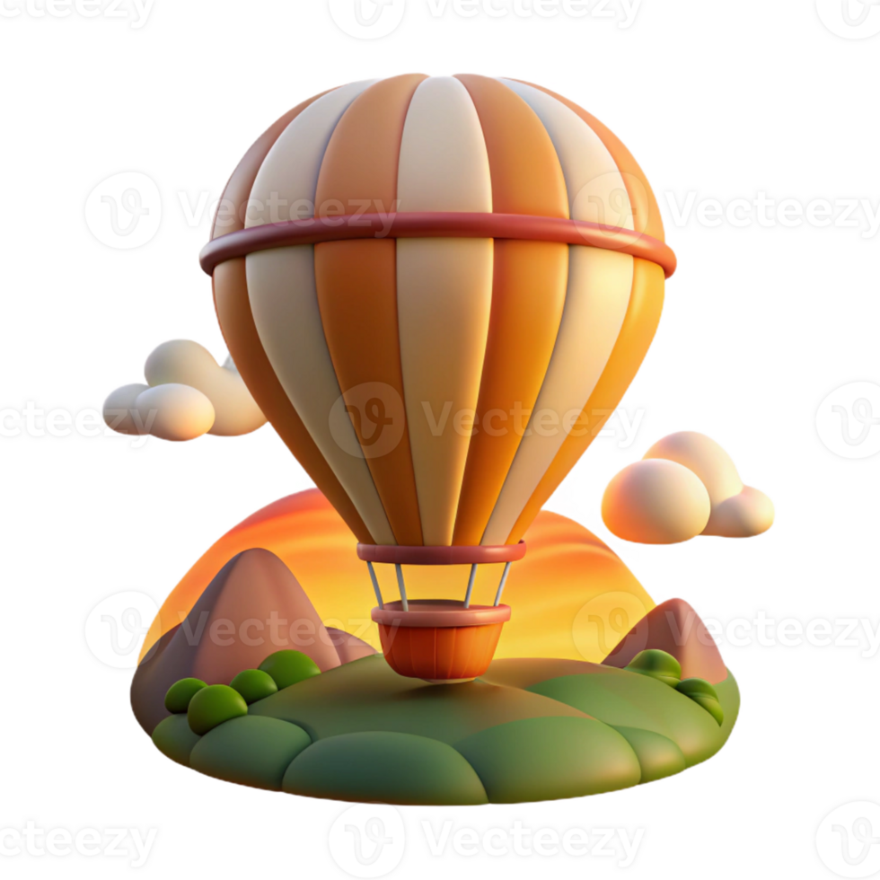 vibrant abstract A cartoon hot air balloon floating above a picturesque landscape, the warm glow of a sunset illuminating the scene, drawn in a peaceful and serene cartoon style authentic png