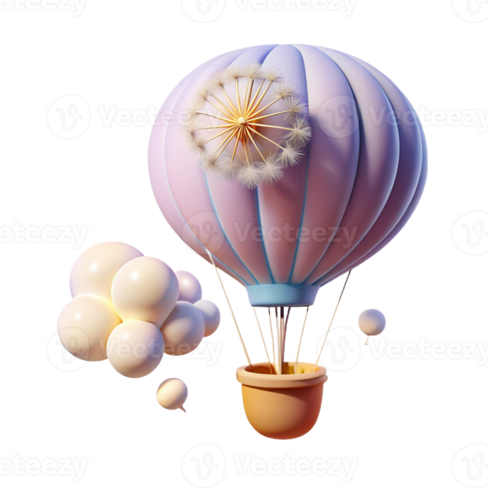 magnificent creative A whimsical hot air balloon shaped like a giant dandelion seed floats through a pastel-colored sky. Soft, dreamlike lighting. Children's book illustration style genuine png