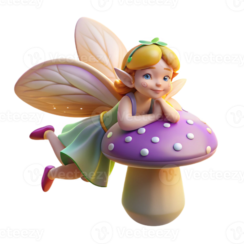 magnificent contemporary A playful pixie with iridescent wings, sprinkling fairy dust on a sleeping mushroom, in a whimsical, children's book illustration style detailed png