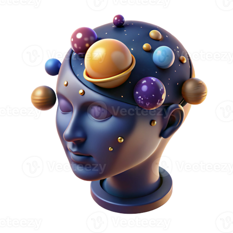 extraordinary creative A human head filled with a miniature galaxy, surrounded by orbiting planets and stars, lit by a cosmic glow. Space art style professional png