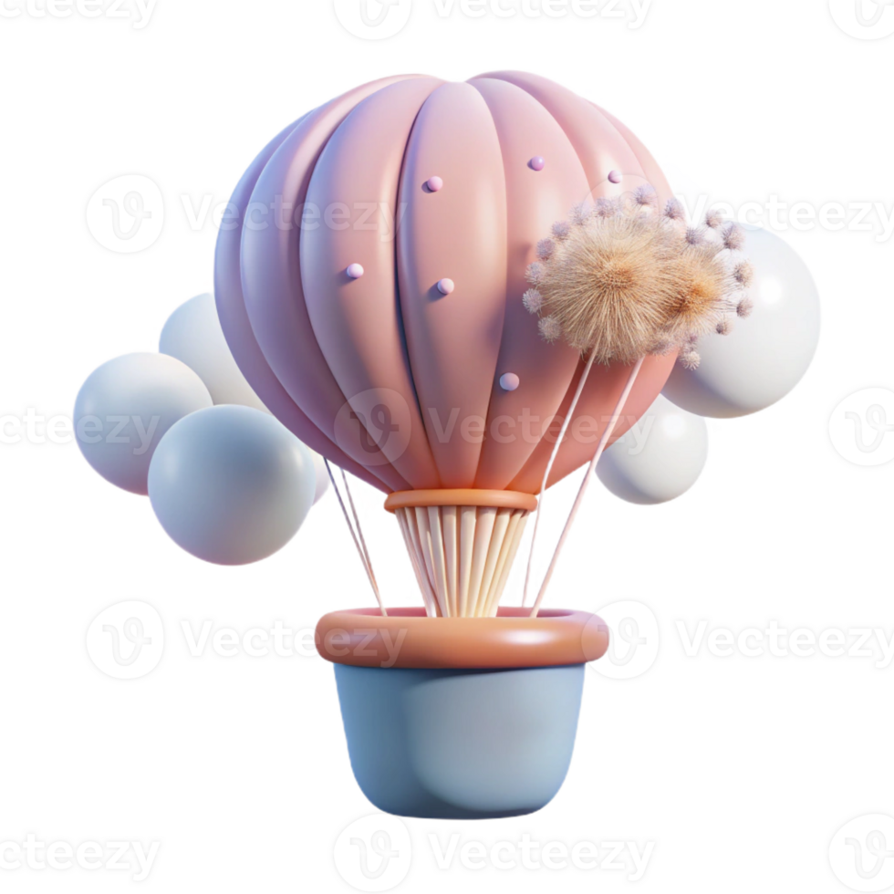 serene modern A whimsical hot air balloon shaped like a giant dandelion seed floats through a pastel-colored sky. Soft, dreamlike lighting. Children's book illustration style 4K png