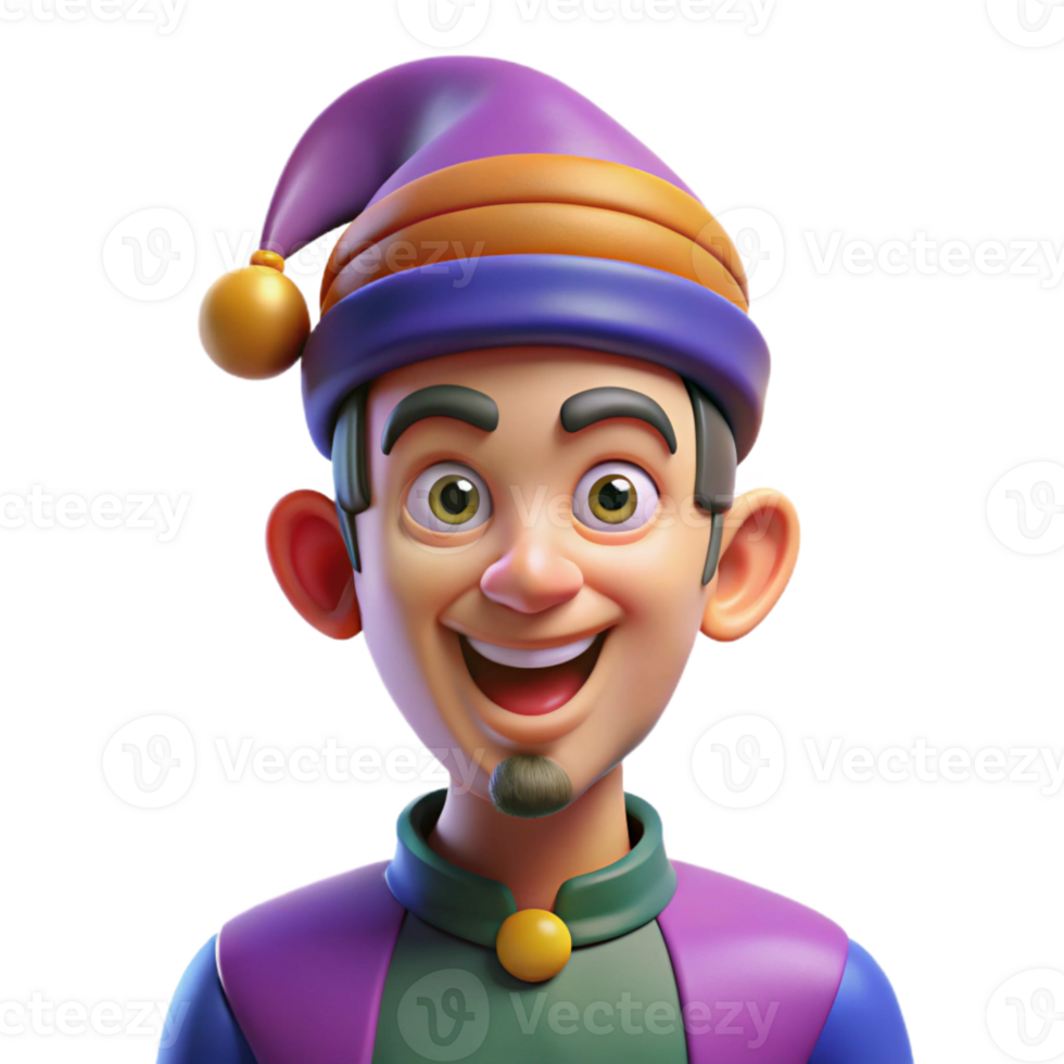 magnificent vintage Portrait of a man with a mischievous glint in his eyes, wearing a jester's hat, lit by colorful, theatrical lighting, in a whimsical style high resolution png