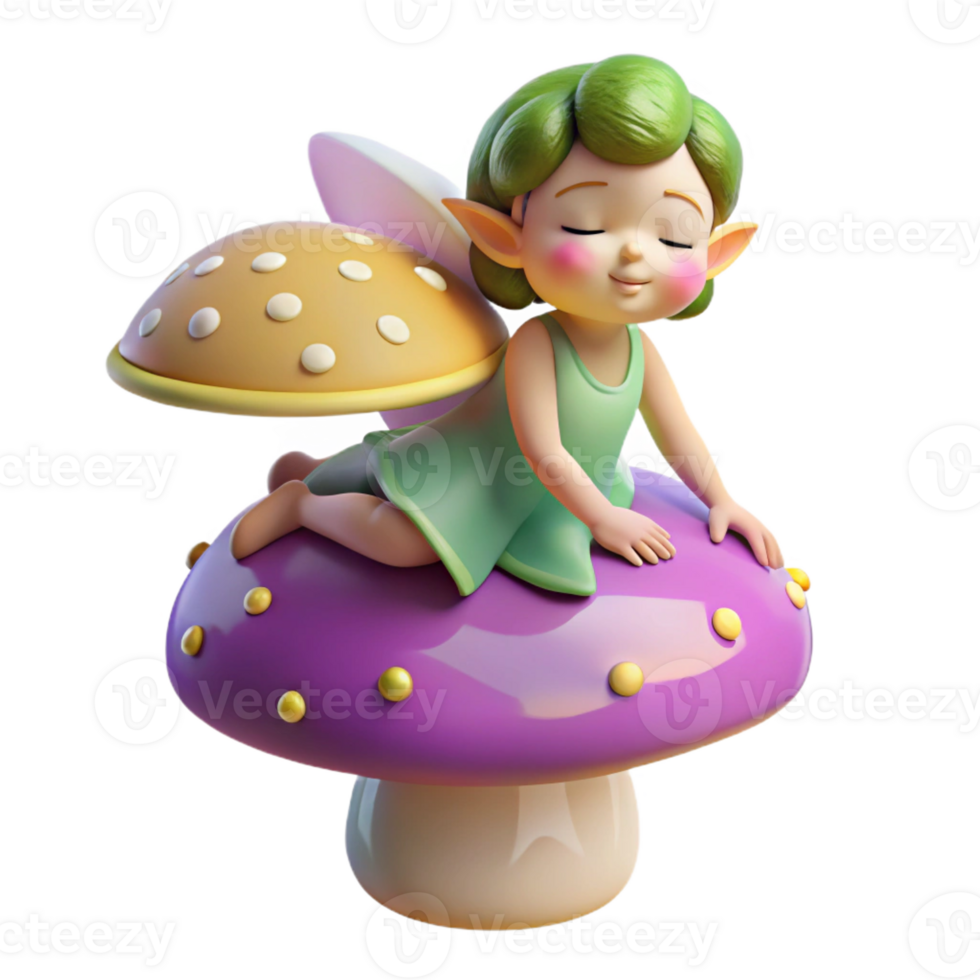 wonderful creative A playful pixie with iridescent wings, sprinkling fairy dust on a sleeping mushroom, in a whimsical, children's book illustration style authentic png