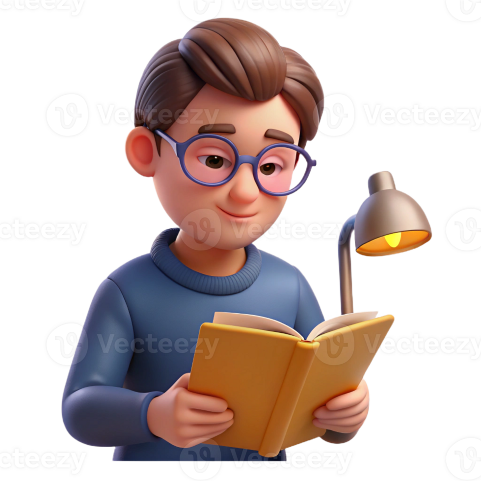 vibrant contemporary Portrait of a student with a focused expression, wearing glasses and reading a book, lit by a desk lamp, in a realistic style professional png