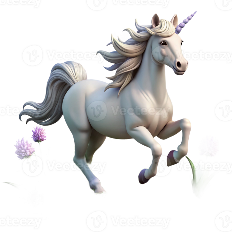 dramatic artistic A majestic unicorn with a silver horn and flowing mane, galloping through a field of wildflowers. Fantasy realism style, soft lighting premium png