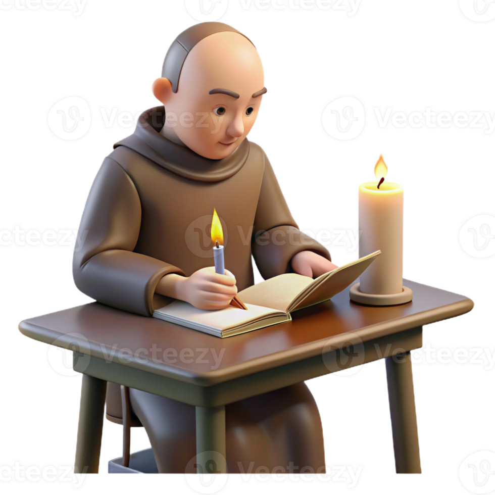 serene modern A solitary monk writing in a scriptorium, illuminated by a single candle, quiet contemplative mood, realistic detail 4K png