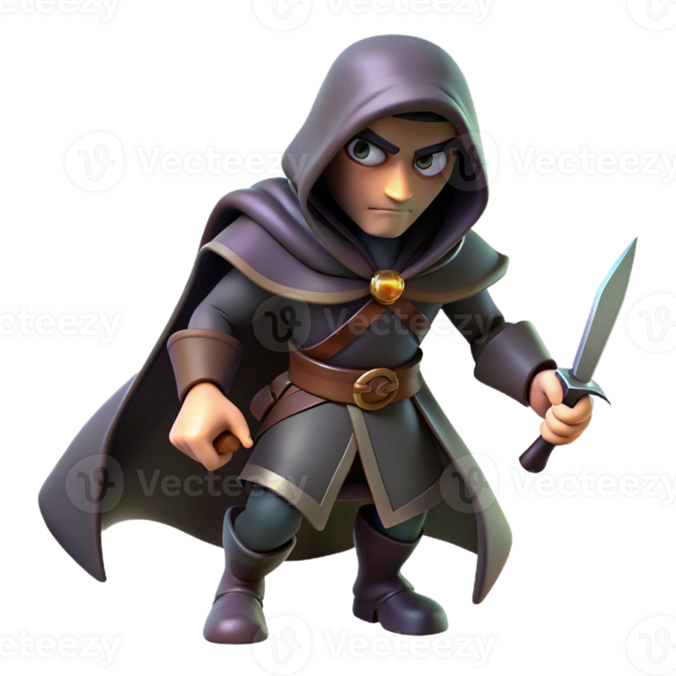 stunning contemporary A cunning rogue with a hooded cloak and a gleaming dagger, sneaking through the shadows. Dark fantasy style, low-key lighting professional png