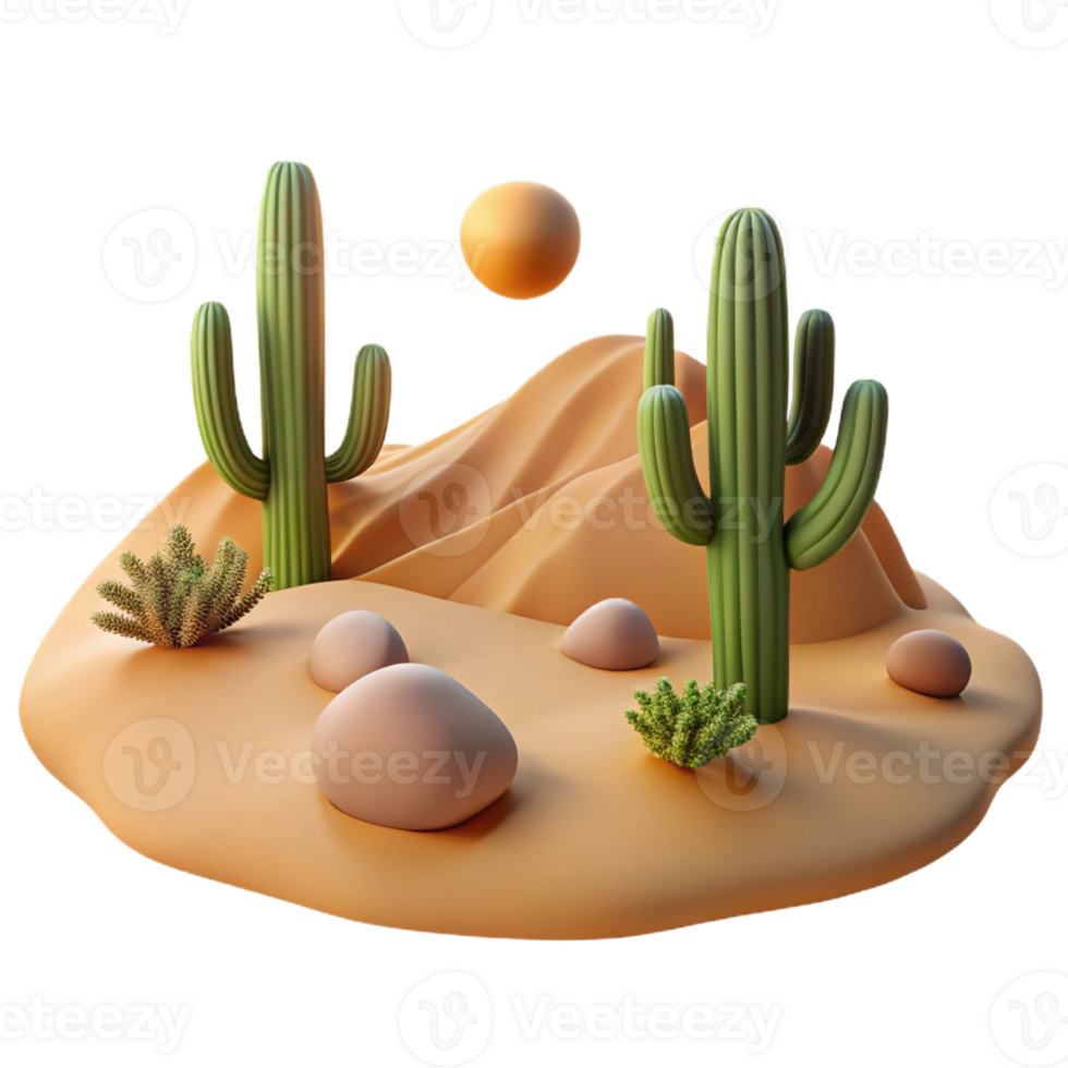 serene vintage A desert landscape with sand dunes and cacti, harsh sunlight, realistic style genuine png