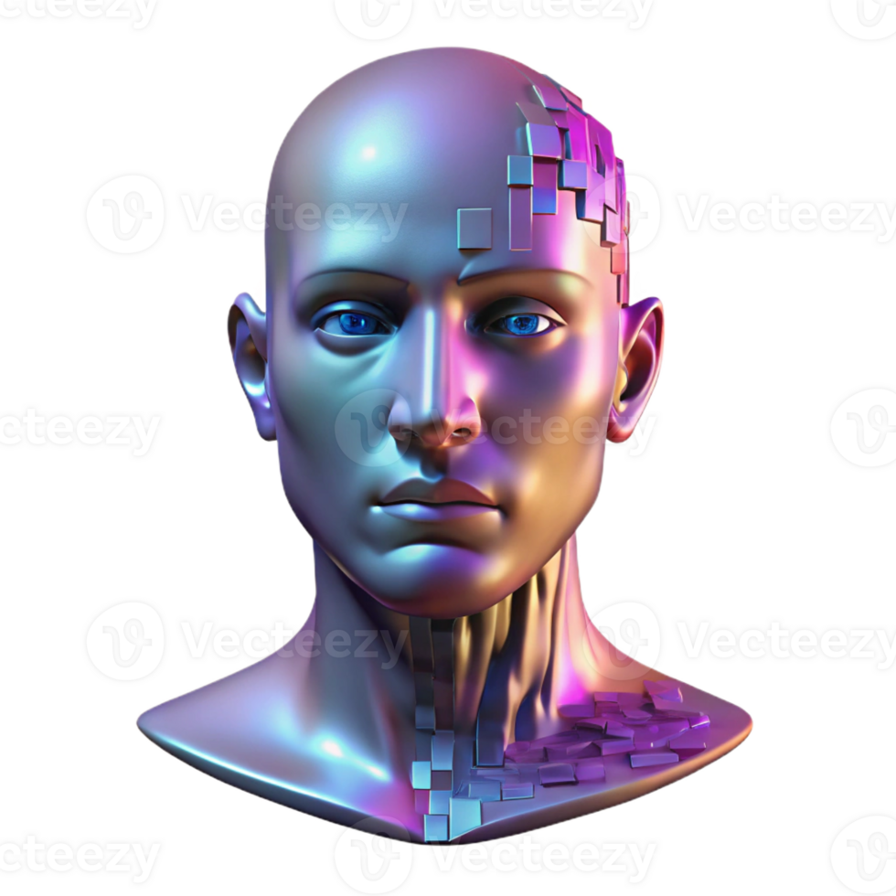 impressive classic A holographic projection of a human face disintegrating into pixels, glitchy and distorted, cyberpunk style professional png