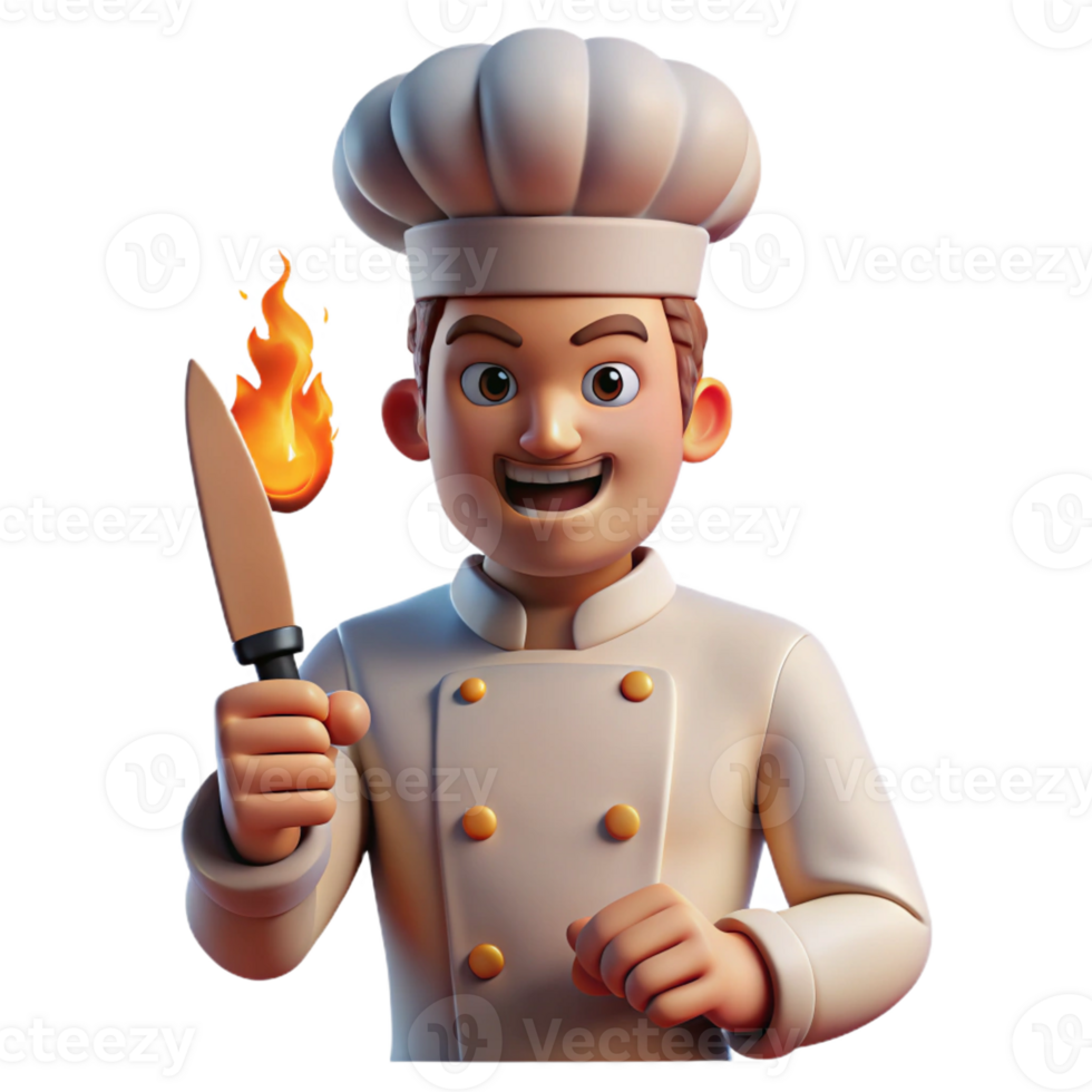 vibrant classic Portrait of a chef with a determined expression, holding a sharp knife, lit by the warm glow of a kitchen fire, in a photorealistic style original png