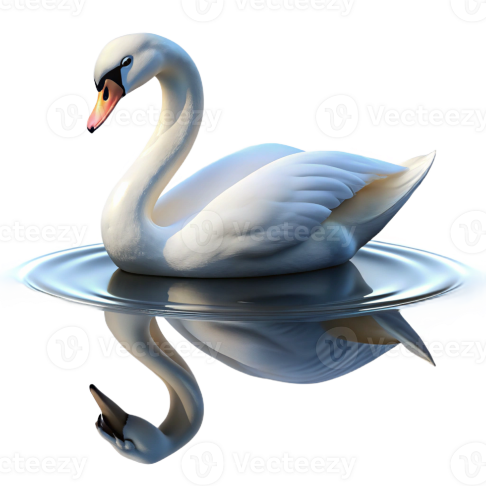 dramatic traditional A graceful swan gliding across a still lake, its reflection shimmering in the water, portrayed in a serene, minimalist style premium png