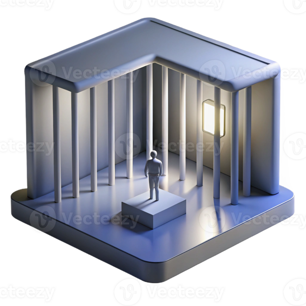 serene traditional A futuristic prison cell with a lone figure silhouetted against a bright, sterile light, minimalist composition, graphic design style, sharp shadows original png