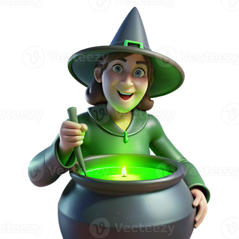 magnificent modern A powerful witch brewing a potion in a cauldron, her face illuminated by the green glow. Eerie, magical lighting. Gothic style detailed png