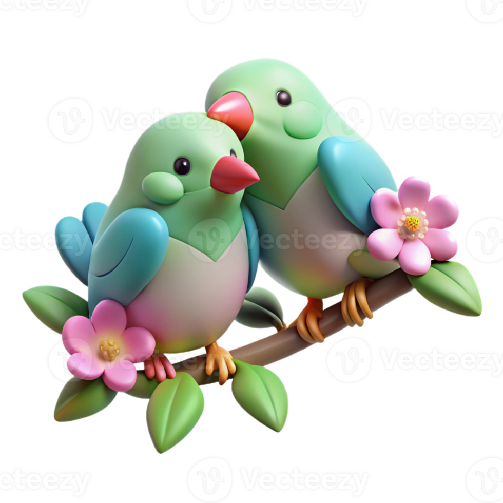 stunning rustic A pair of lovebirds perched on a flowering branch, nuzzling each other affectionately, rendered in a soft, romantic style authentic png