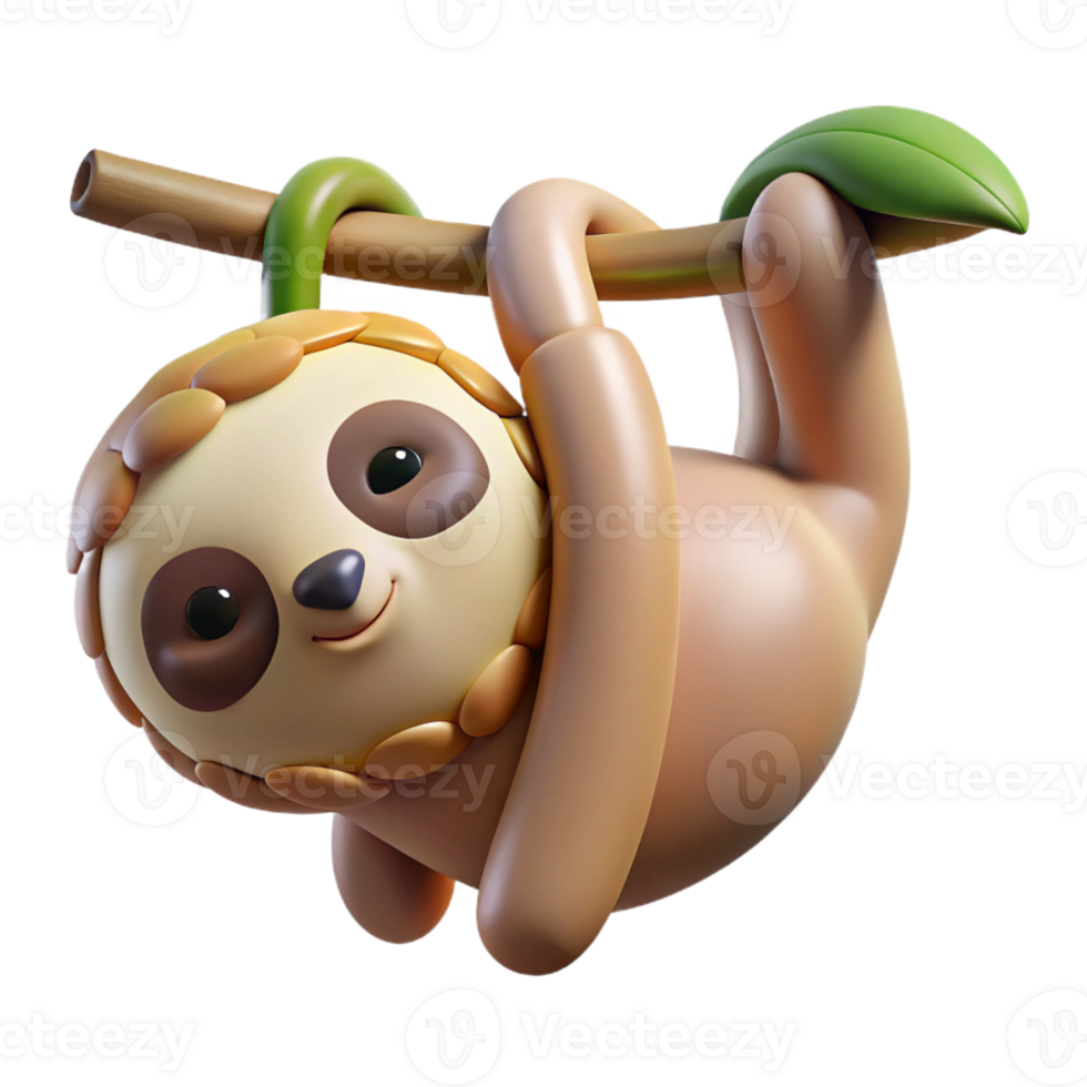 vibrant minimalist A sleepy sloth hanging upside down from a branch, soft jungle lighting, humorous photography style authentic png