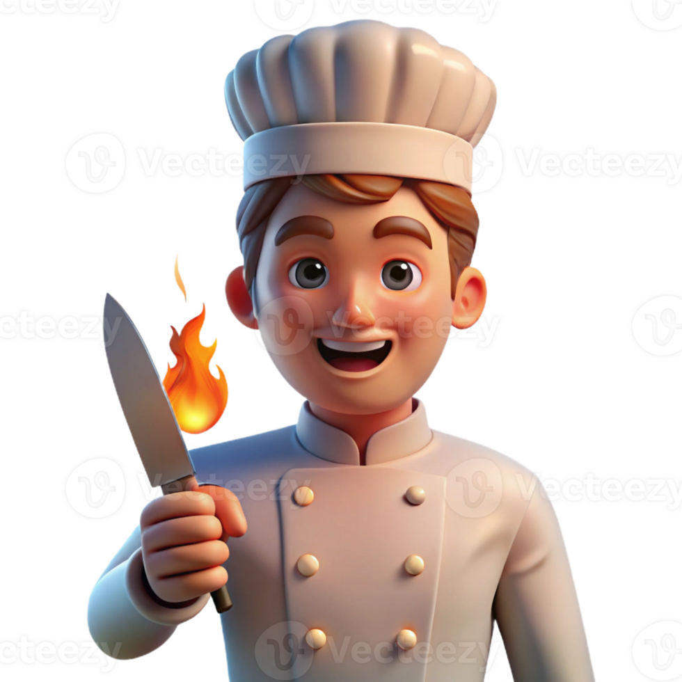 stunning artistic Portrait of a chef with a determined expression, holding a sharp knife, lit by the warm glow of a kitchen fire, in a photorealistic style authentic png