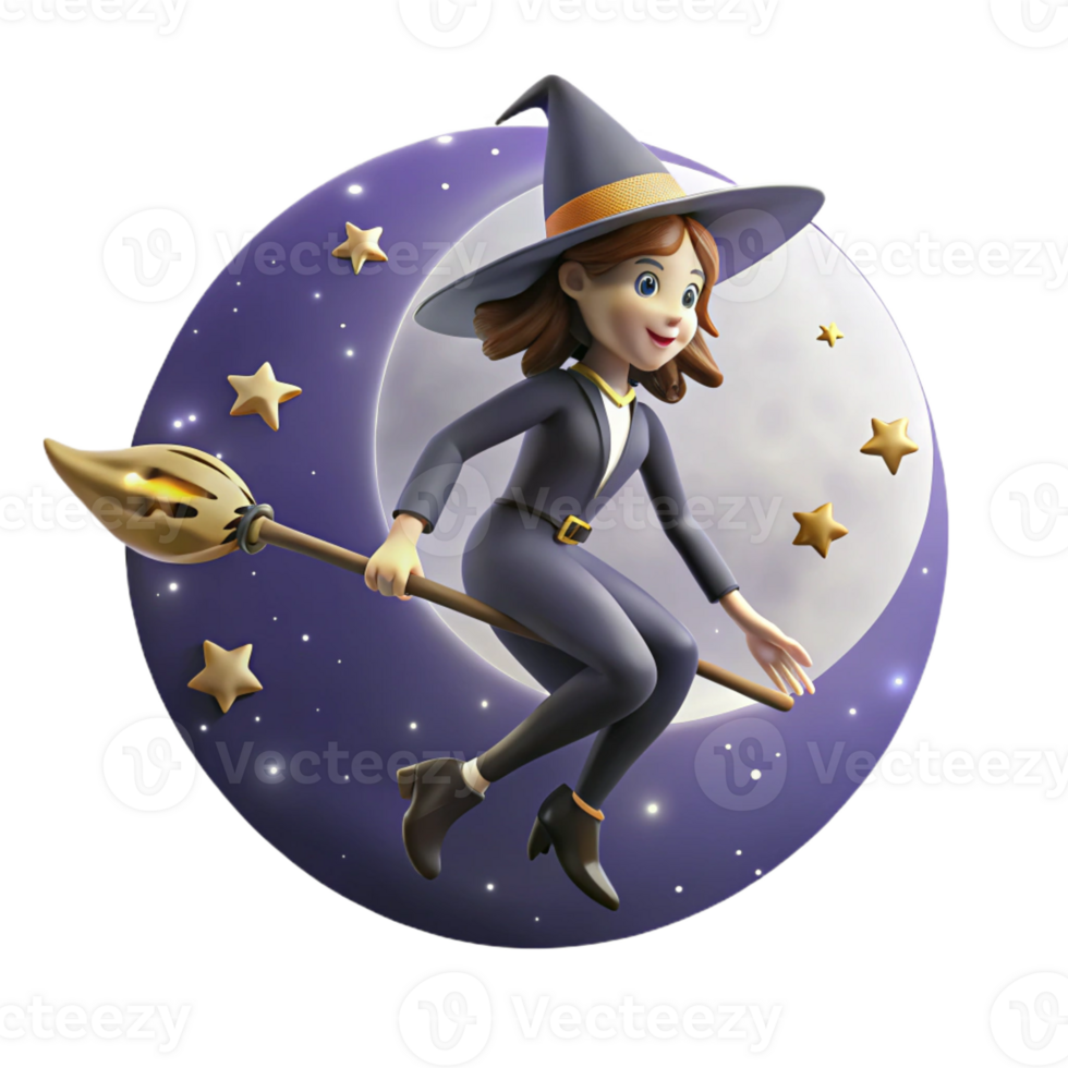 beautiful classic A young witch with a pointed hat and a broomstick flies across a starry night sky. Silhouetted against the moon. Halloween style genuine png