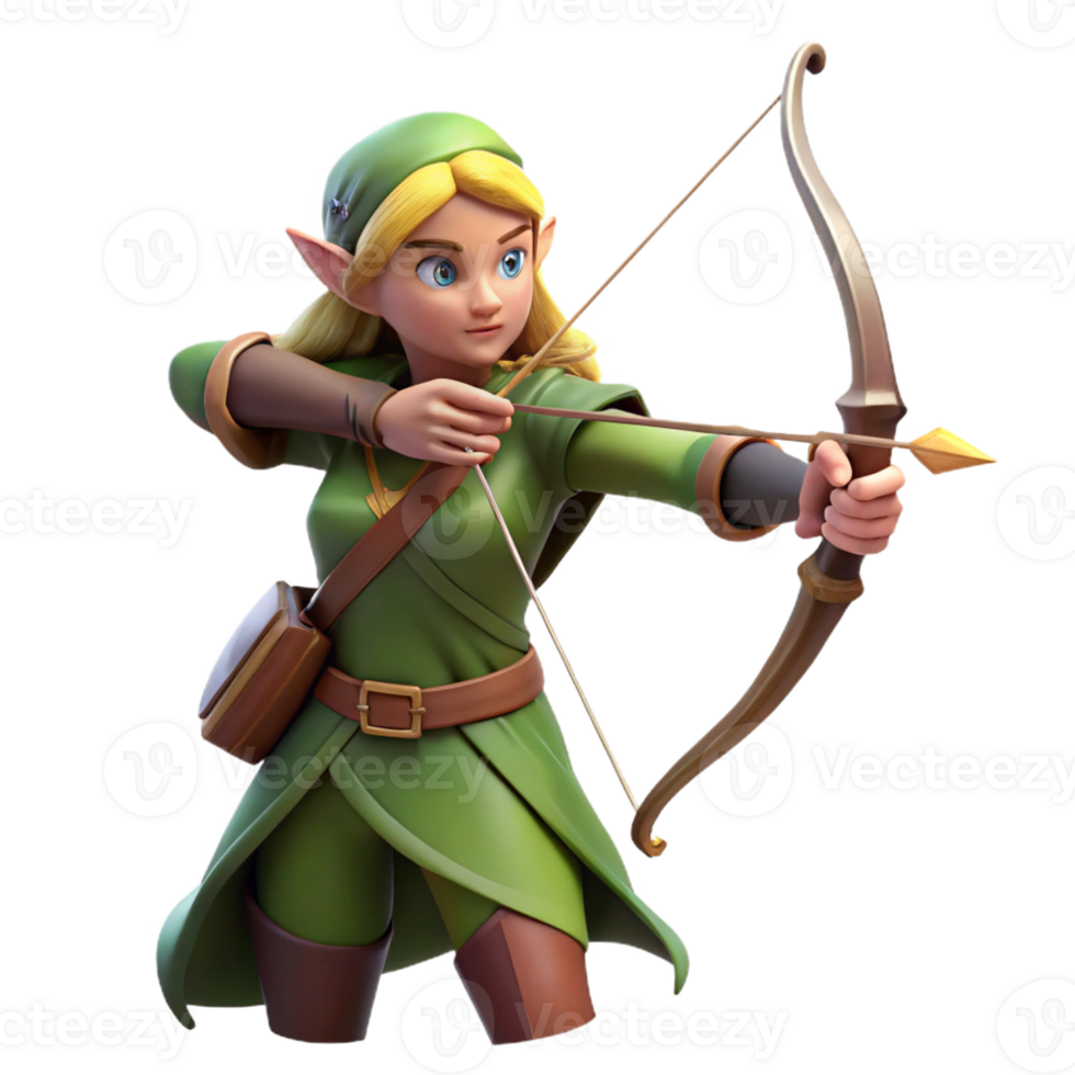 wonderful traditional A beautiful elf archer with a bow and arrow, aiming at an unseen target. Soft, forest lighting, fantasy illustration style high quality png
