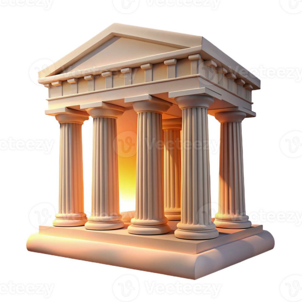 serene modern An ancient Greek temple ruin with crumbling columns, soft golden sunset light, classical sculpture style authentic png