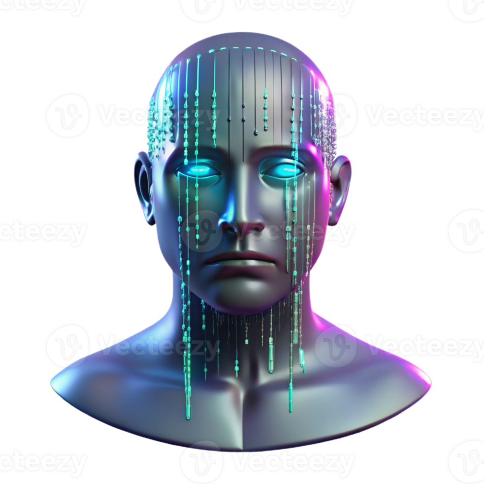 beautiful contemporary A holographic projection of a human face, fragmented and glitching, against a backdrop of binary code streaming down a dark screen. Cyberpunk style high resolution png