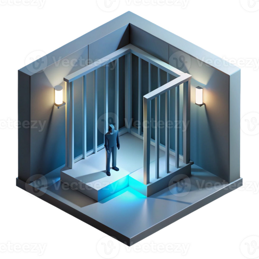 serene abstract A futuristic prison cell with a lone figure silhouetted against a bright, sterile light, minimalist composition, graphic design style, sharp shadows original png