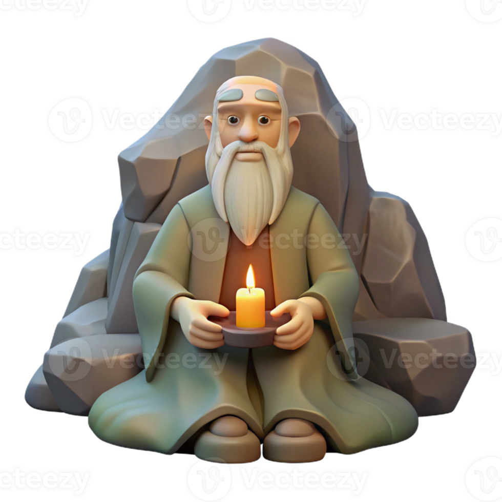 impressive traditional A wise old hermit with a long white beard and tattered robes, meditating in a mountain cave, illuminated by a single candle. Spiritual art style high resolution png
