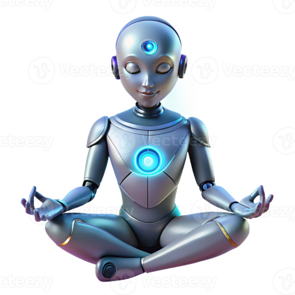 stunning creative A humanoid robot meditating in a lotus position, glowing energy emanating from its body, ethereal and spiritual style 4K png