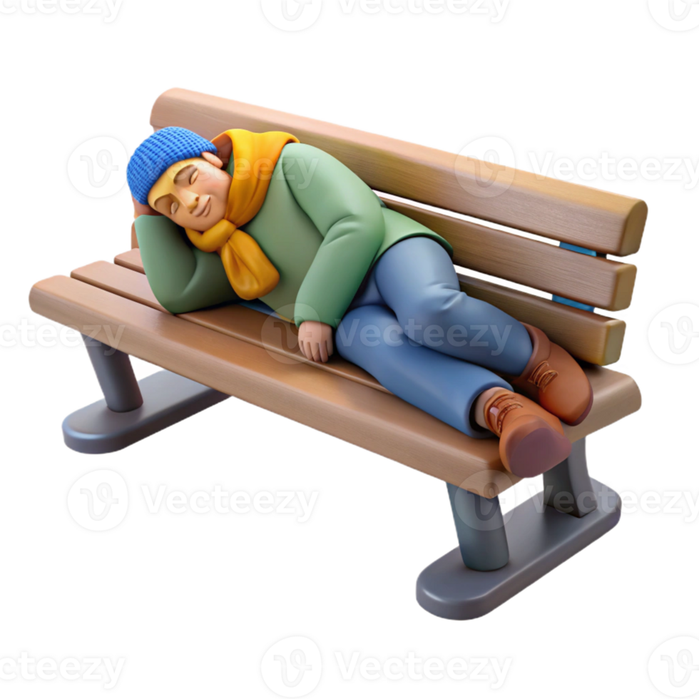 serene rustic A homeless person sleeping on a park bench, social documentary photography, somber lighting high quality png