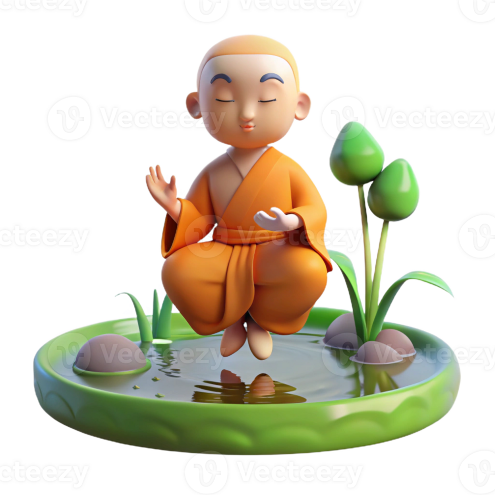 dramatic classic A serene meditating monk levitates above a tranquil pond. Soft, morning light. Zen style genuine png