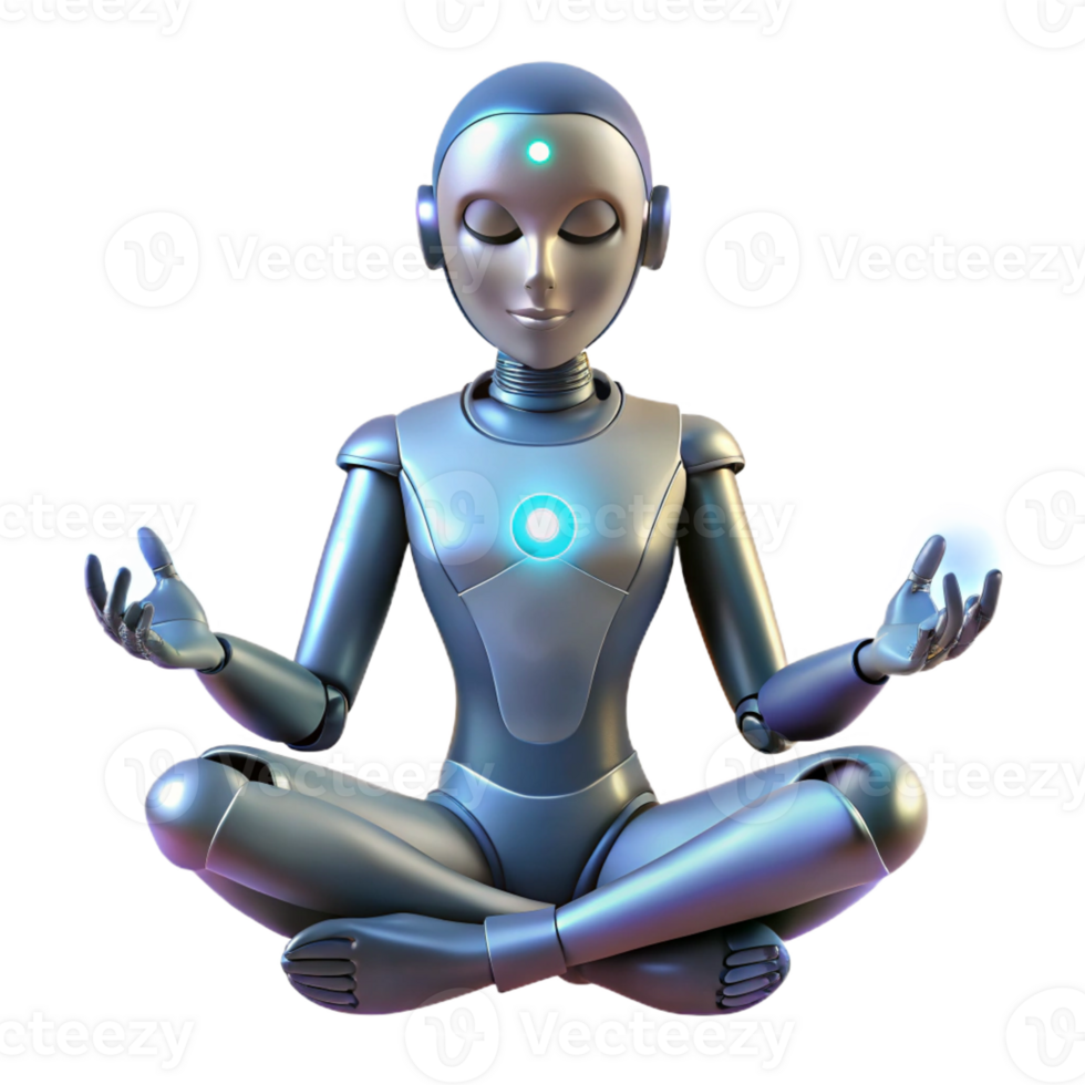 vibrant minimalist A humanoid robot meditating in a lotus position, glowing energy emanating from its body, ethereal and spiritual style original png