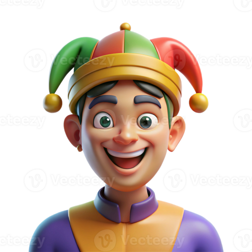 impressive traditional Portrait of a man with a mischievous glint in his eyes, wearing a jester's hat, lit by colorful, theatrical lighting, in a whimsical style high quality png