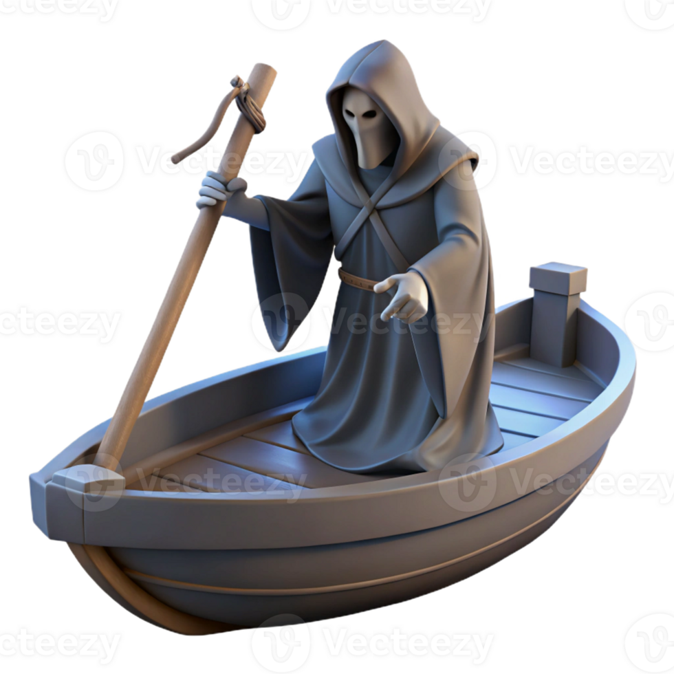 stunning rustic A lone, cloaked figure, resembling Charon, ferrying souls across the River Styx in a dilapidated wooden boat. Dim, melancholic lighting. Painterly style detailed png