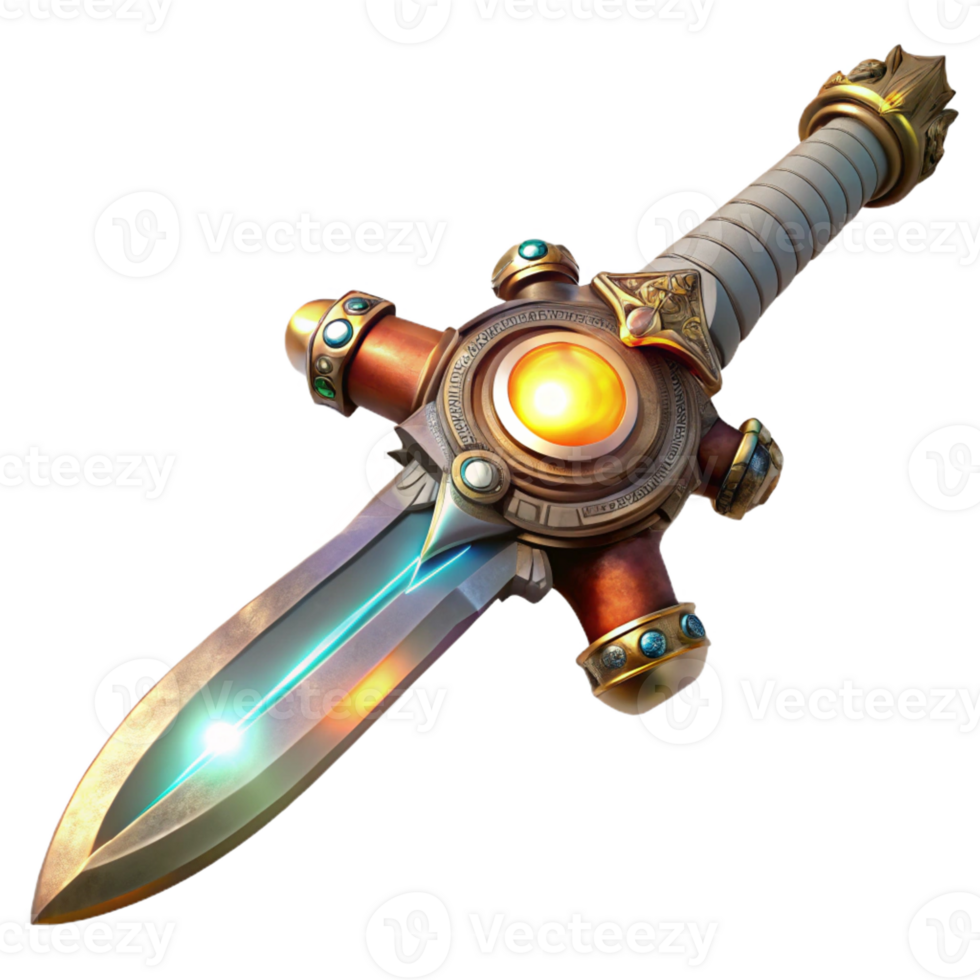 vibrant abstract Steampunk sword, intricate engravings, glowing energy core in the hilt, held aloft, dramatic lighting, highly detailed, cinematic professional png