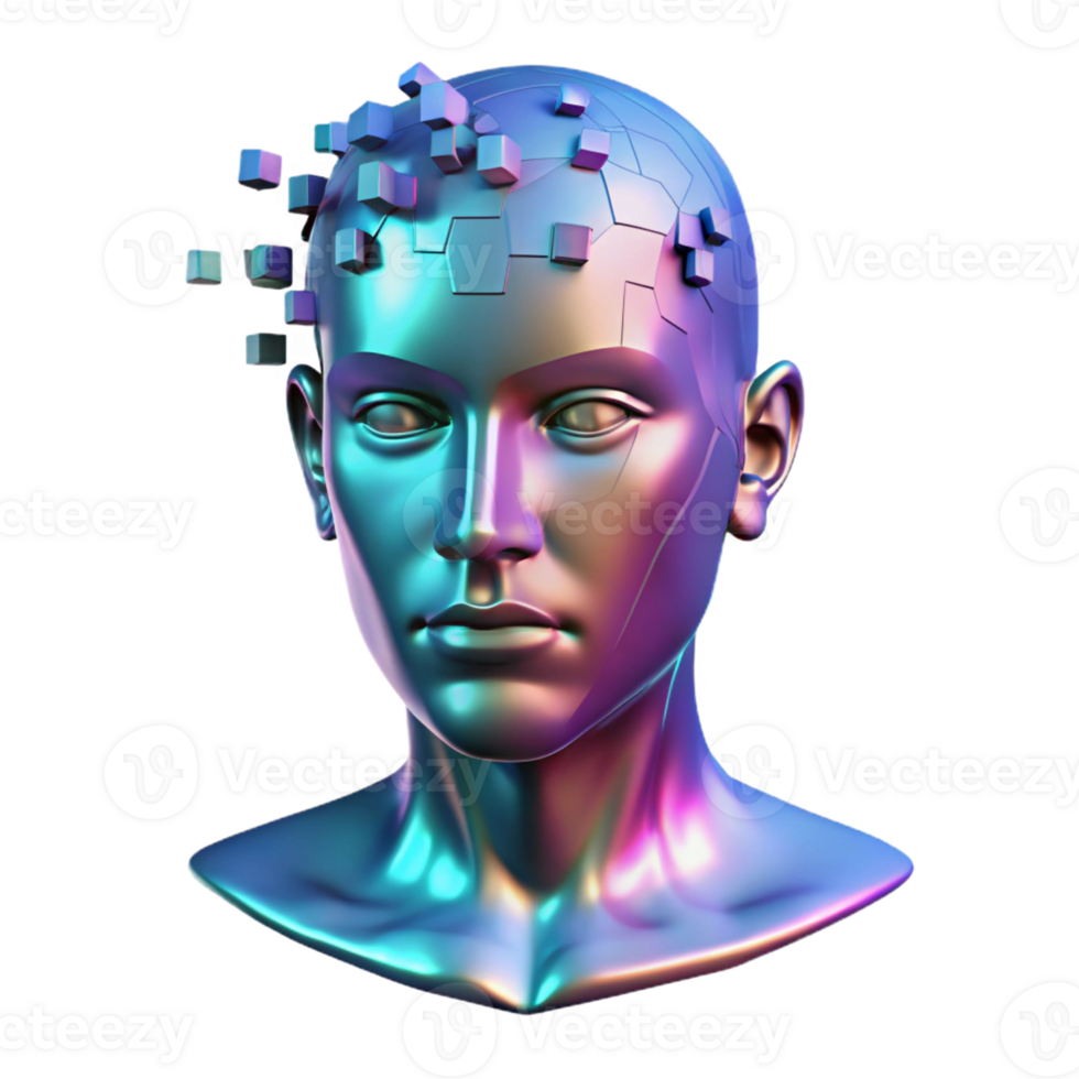 magnificent creative A holographic projection of a human face disintegrating into pixels, glitchy and distorted, cyberpunk style authentic png