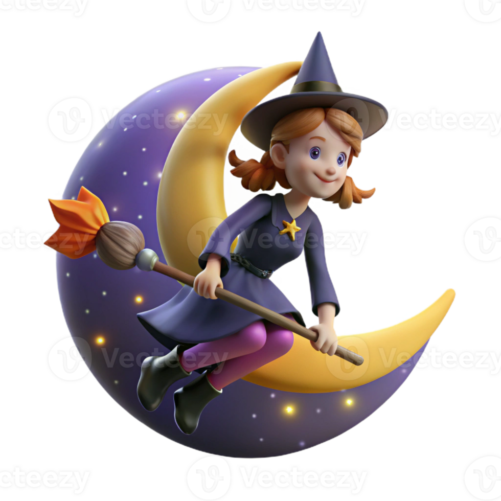 elegant modern A young witch with a pointed hat and a broomstick flies across a starry night sky. Silhouetted against the moon. Halloween style premium png