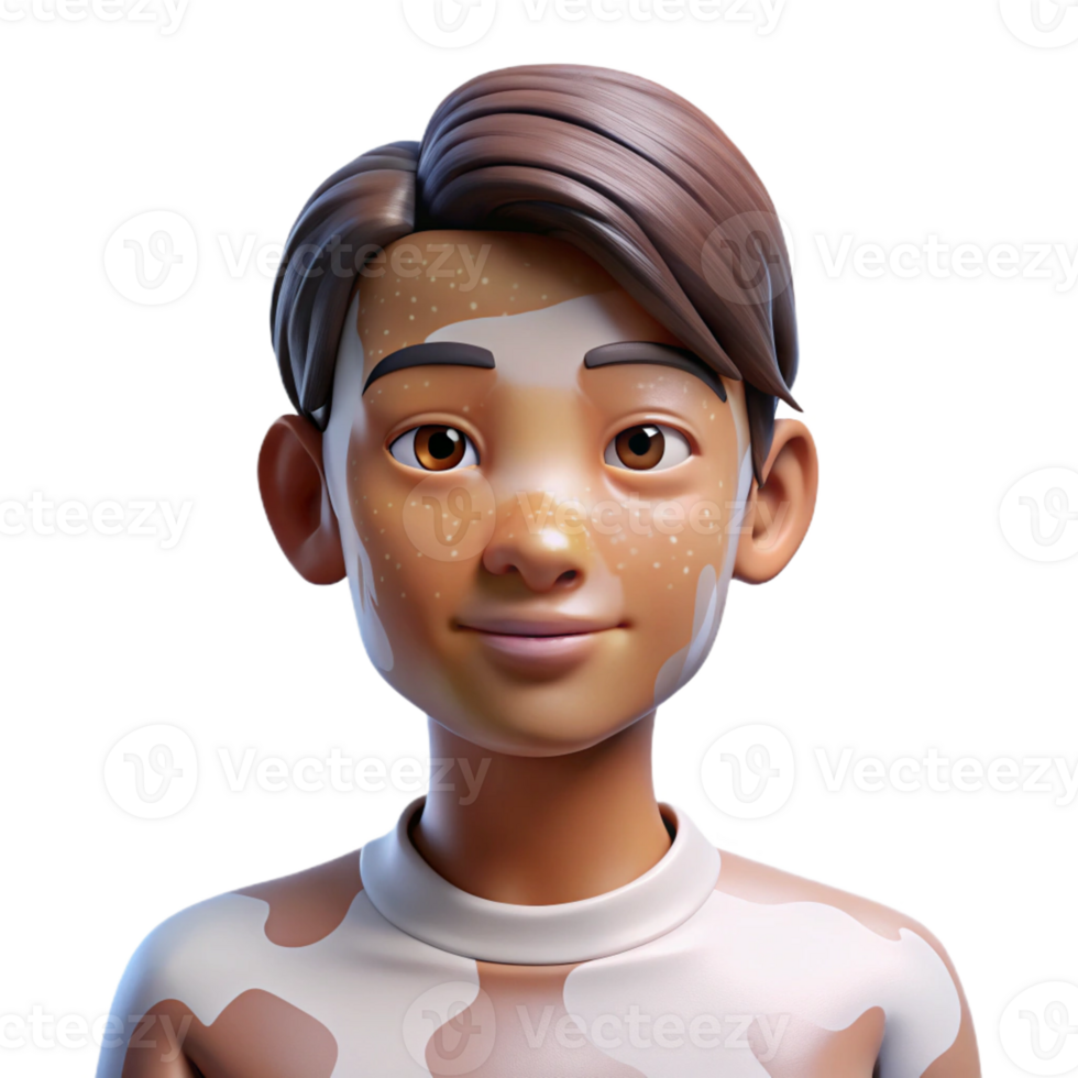 extraordinary contemporary Portrait of a person with vitiligo, showcasing the unique patterns on their skin, lit by soft, diffused light, in a naturalistic photographic style 4K png