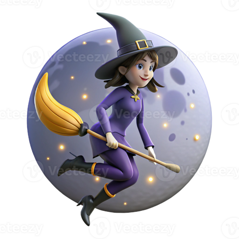 extraordinary creative A young witch with a pointed hat and a broomstick flies across a starry night sky. Silhouetted against the moon. Halloween style original png
