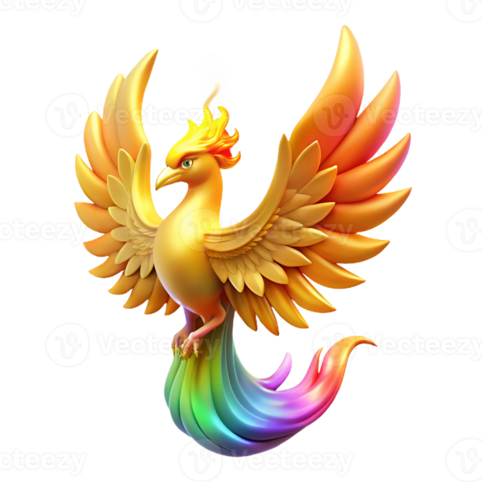 serene minimalist An ethereal phoenix rising from a pyre of golden flames, its feathers ablaze with rainbow hues, lit by its own light, in a majestic fantasy style detailed png