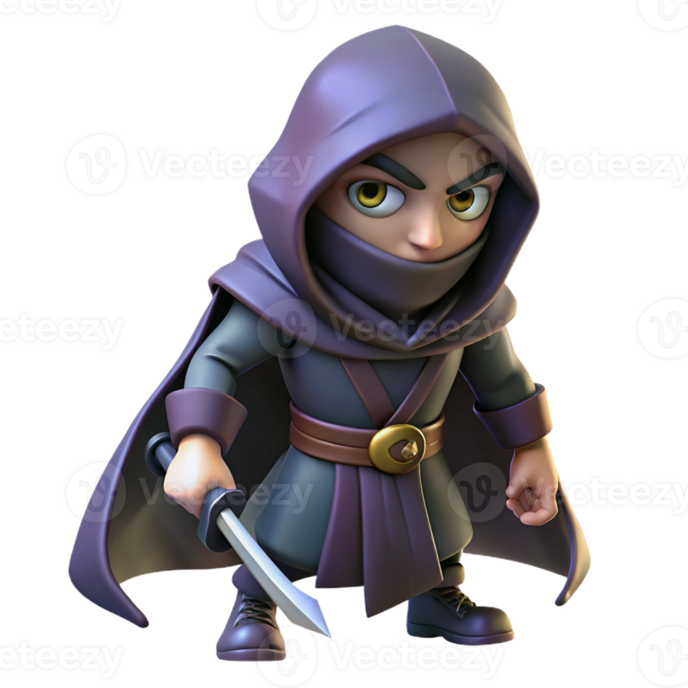 elegant minimalist A cunning rogue with a hooded cloak and twin daggers sneaks through a shadowy alleyway. Low-key lighting. Graphic novel style professional png