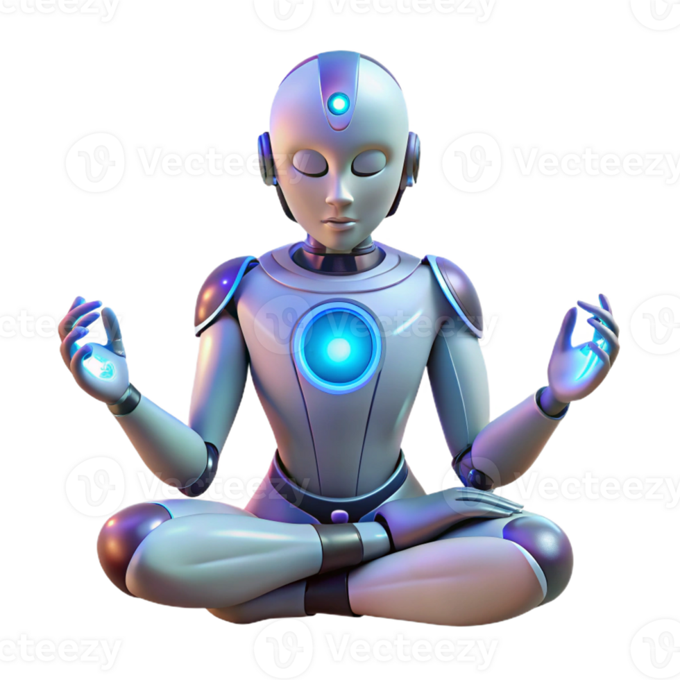 extraordinary creative A humanoid robot meditating in a lotus position, glowing energy emanating from its body, ethereal and spiritual style detailed png
